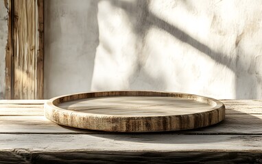 Fototapeta premium Rustic Wooden Tray Mockup on Wooden Table with Sunlit Background