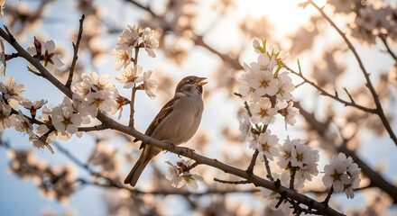 Fototapeta premium Singing Sparrow on Blooming Tree Branch in Springtime