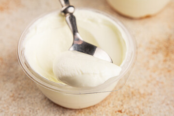 Yogurt or skyr natural dairy lactose free natural product tasty snack fresh delicious gourmet food background on the table rustic top view copy space