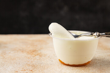 Yogurt or skyr natural dairy lactose free natural product tasty snack fresh delicious gourmet food background on the table rustic top view copy space