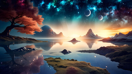 Japanese Garden on an Alien World: A tranquil landscape blends mossy paths, glowing flora, and mirrored lakes beneath celestial skies&mdash;where nebula light and distant planets evoke harmony beyond Earth.