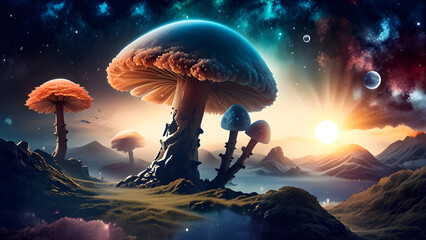 Japanese Garden on an Alien World: Alien mushroom valley glowing under cosmic skies.