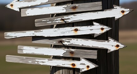 Close-up of weathered wooden directional signs with chipped white paint, attached to a post