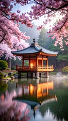 Naklejka premium A serene Japanese pagoda surrounded by blooming cherry blossoms reflecting in a calm lake