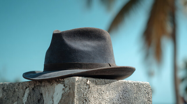 A classic dark felt fedora hat rests on a weathered stone pillar against a blurred tropical background with a bright blue sky, evoking travel and adventure.
