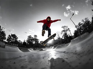 Skateboarder in red hoodie performing trick in skatepark with dramatic black and white background, extreme sports action shot with dynamic energy, urban youth culture and outdoor recreation lifestyle
