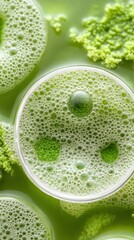Bubbling green liquid in clear containers with cellular structures, laboratory study of cellular engineering.
