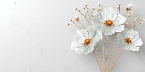Obraz premium Elegant Studio Shot Featuring White Cosmos Floral Pattern Accents on a Polished Marble Background