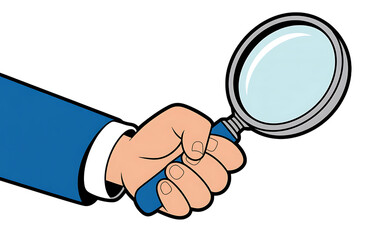 Hand holding magnifying glass for detailed inspection and discovery isolated on transparent background