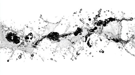 Abstract black and white water splashing particles scattered on white background, dynamic liquid motion with shades and textures, modern concept of contrast and fluid design