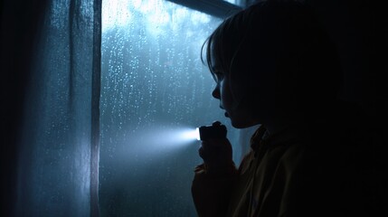 Child exploring the darkness with a flashlight during a rainy power outage at home