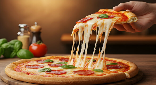 A hand pulling a slice of hot, cheesy pizza, with a long cheese pull