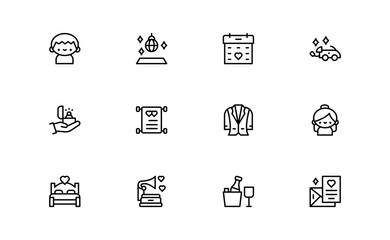 Wedding and event line icon set featuring editable, pixel-perfect symbols with professional, modern, and minimal style ideal for celebrations and planning themes.