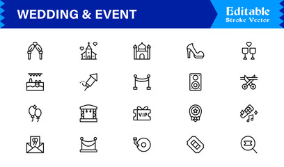 Wedding and event line icon set featuring editable, pixel-perfect symbols with professional, modern, and minimal style ideal for celebrations and planning themes.
