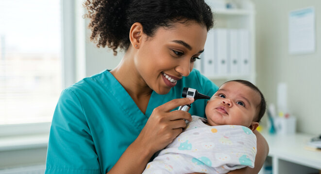 Doctor checking baby ear with otoscope in pediatric hospital, female physician in scrubs examining infant health care and medical diagnosis concept