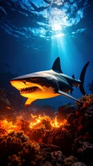 Fototapeta premium Majestic shark in vibrant coral reef with sunlight piercing through ocean surface