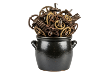 Rugged charcoal stoneware crock overflowing with chaotic antique brass gears, cogs, and coiled springs with rust patina, on transparent studio background, intricate industrial heritage concept