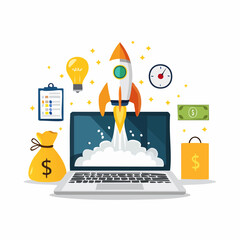 Business startup launch, rocket on laptop screen.
