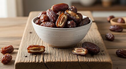 Close-up photo of a ceramic bowl filled with brown dates, resting on a wooden surface