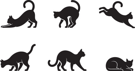 Collection of Cat Silhouettes Vector Set: Various Poses, Movement, and Domestic Pet Graphics

