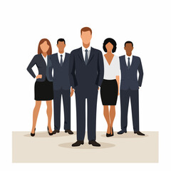 A diverse group of business professionals standing together in formal attire.