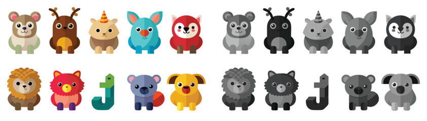 Needle felted various animals, soft sculptures in different Colors, bear, teddy bear, vector, kawaii, adorable, friendly, playful, pet, toy, drawing, illustration