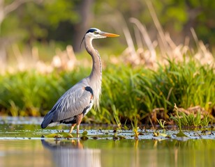 A great blue heron wades in shallow water, its reflection visible, amidst green vegetation