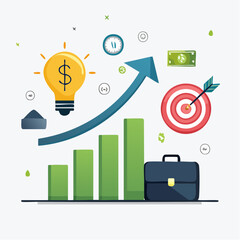Business growth chart with lightbulb, target, briefcase, and upward trend.