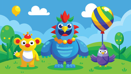 Cartoon animals and a bird with balloons in a vibrant landscape scene.. Including cartoon, animals, birds, balloons, and landscape illustration. 