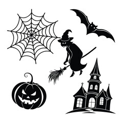 Fototapeta premium Black Halloween Icons Silhouette of Witch Flying on Broomstick on White Background
