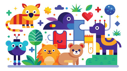 Collection of colorful flat design cartoon animals and objects. Vector pictograms of a cartoon, animals, objects, cat, lion, bear animal, baby, funny, dog, bird, owl, pet, rabbit, tiger illustration. 