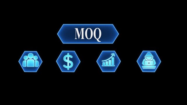 M O Q business concept with team dollar growth and hacker icons glowing blue on black background digital animation