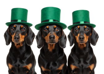 Three dachshunds wearing green top hats against a black background looking directly at the camera view