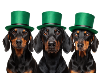 Three dachshunds wearing green top hats against a black background looking at the camera directly