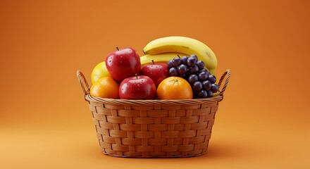 Colorful Fruit Basket With Apples, Oranges, Strawberries On Green Background Fresh Produce Display For Healthful Snack Ideas