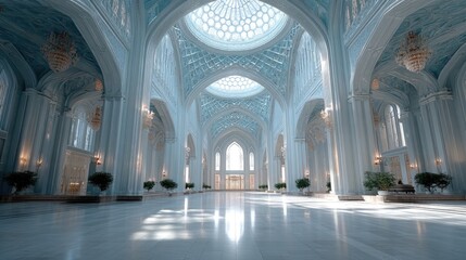 Obraz premium Ornate Mosque Interior with High Dome Arches and Intricate White and Gold Details Under Cinematic HDR Lighting Architecture