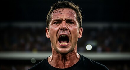 A man with a sweaty face, intensely screaming, showing fervent and passionate emotion during a game.
