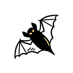 Stylized black bat with glowing yellow eyes flies on white, spooky Halloween graphic
