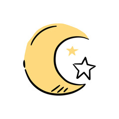 Whimsical crescent moon and stars evoke a playful Halloween night sky design.