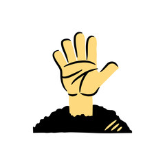 Zombie hand emerging from dirt in cartoon style conveys spooky Halloween fun.