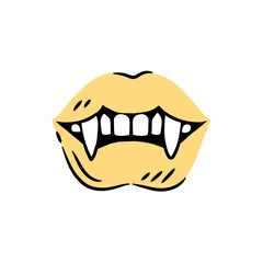 Stylized lips with prominent vampire fangs, isolated and ready for spooky Halloween designs.