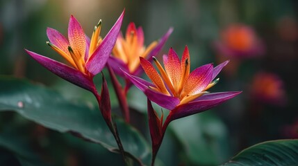 Obraz premium Vibrant purple and orange flowers stand out against a backdrop of dark green foliage, showcasing a close-up view of nature's beauty.