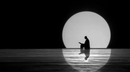 Silhouette figure reading under moonlight