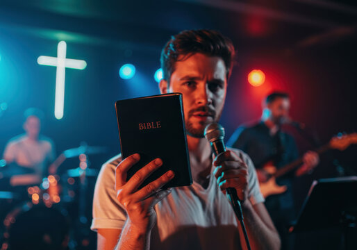 Man holding bible during christian worship concert. Gospel praise and prayer for religious event. Catholicism and protestant faith.