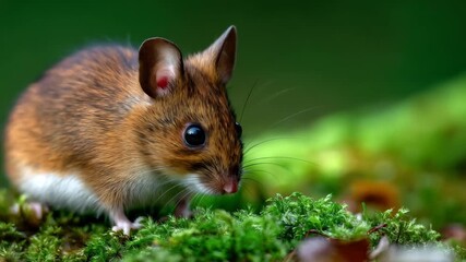 A small brown and white mouse is seen moving through lush green moss in a forest. The sunlight highlights its soft fur and keen eyes, capturing its curiosity in nature