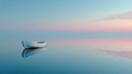 Peaceful lake scene with a lone white boat.