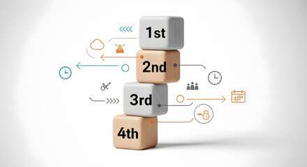 Task priority and management concept. The order of priority in any activity. Set work priority, arrange to do list. Wooden cubes with number first, second, third and fourth.
