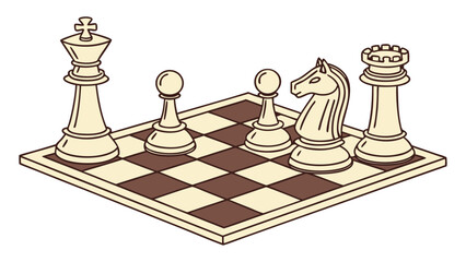 Chess Pieces and Board with King, Pawn, Knight, and Rook.  Collection of abstract, board game, chess, chess piece, chess set illustration. 