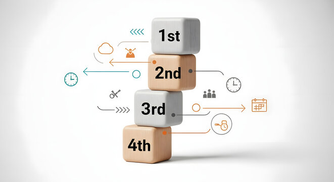 Task priority and management concept. The order of priority in any activity. Set work priority, arrange to do list. Wooden cubes with number first, second, third and fourth.