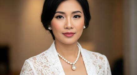 Close-up portrait of a young woman with dark hair and makeup, wearing a white lace jacket and a pearl necklace